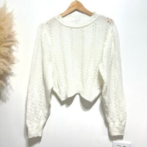 TOPSHOP White Pointelle Knit Puff Sleeve Crop Pullover Sweater Size 8-10